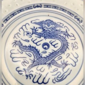 Vintage 8" Blue and White Dragon Porcelain Salad Plates Set Of 2